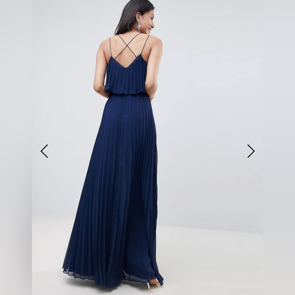 ASOS Design Tall Pleated Crop Top Maxi Dress - Navy UK 16 / US L - Picture 3 of 7